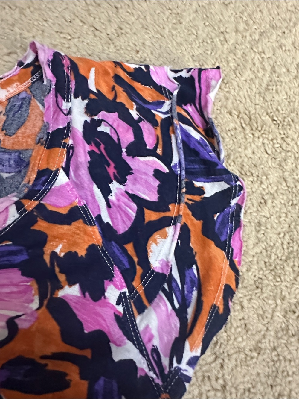 Maeve by Anthropologie Carie Tee Floral V-Neck Top Orange w/ Pink & Navy Blooms - Picture 6 of 12